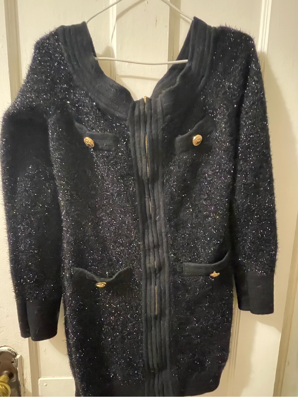 Black Sparkle Knit Mini Dress with Gold Button Detail